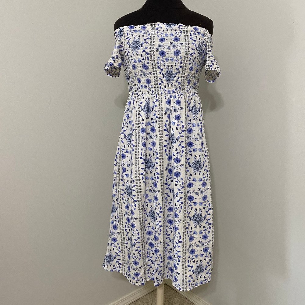 Old Navy Blue White Off Shoulder Midi Dress Sz M